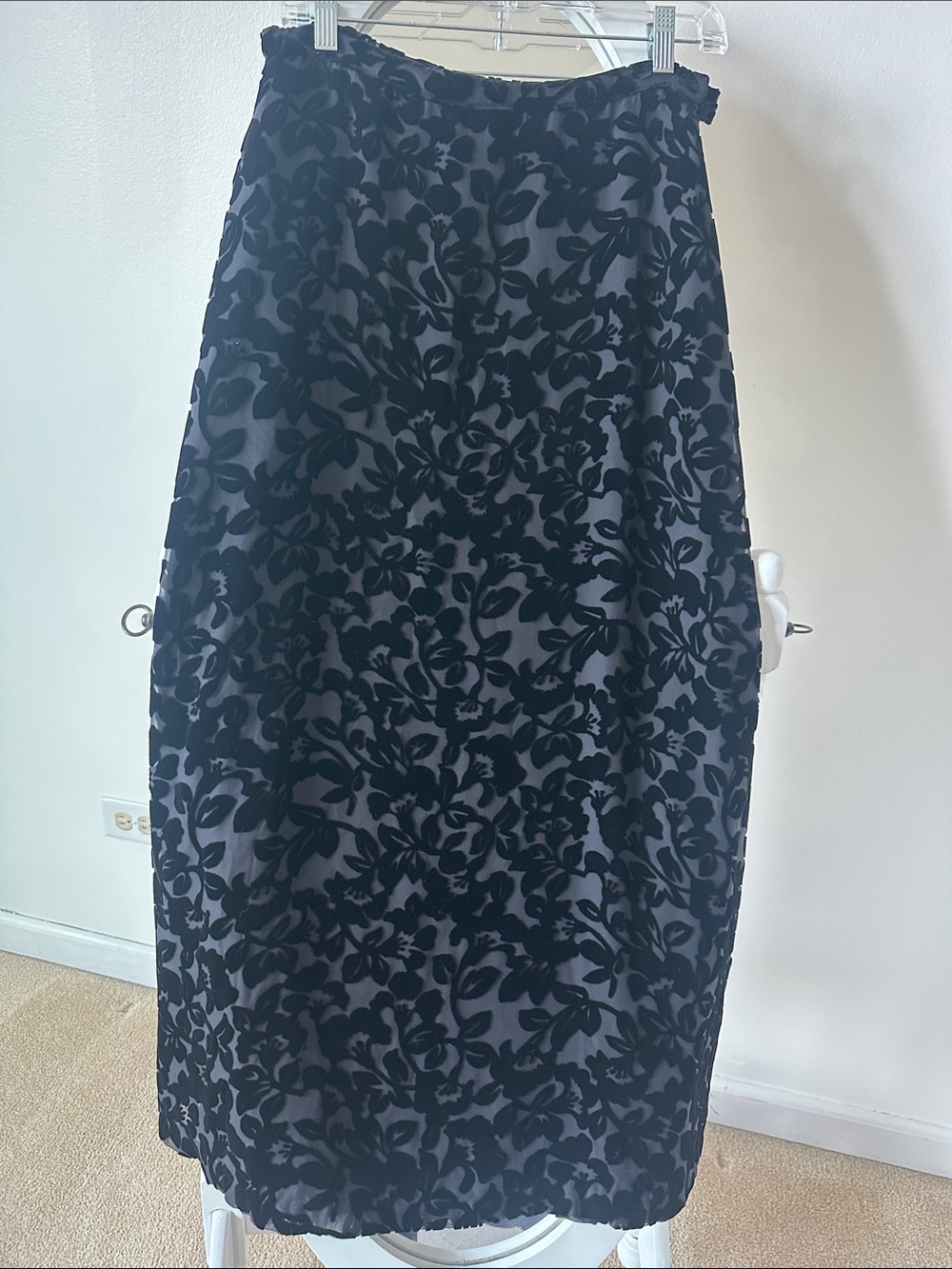 Laura Ashley Black Floral Burnout Midi Skirt with Charcoal Underlay